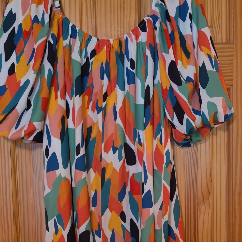 FORE Abstract Multicolor Square Neck Puff Sleeve Shift Short Dress Size L - Picture 4 of 6